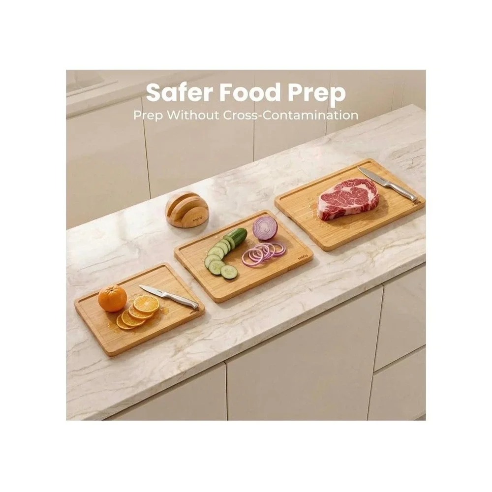 Smirly Non-Toxic Cutting Board Set 3 Piece Bamboo Juice Groove Stand Holder